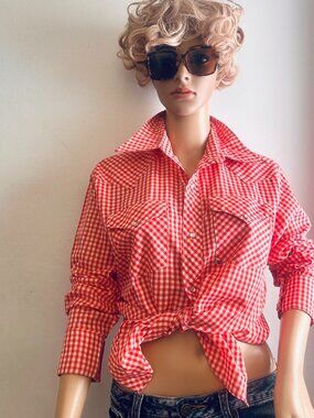 Vintage GWG Kings Red Gingham Pearl Snap Western Shirt Canadian Cowboy 15.5